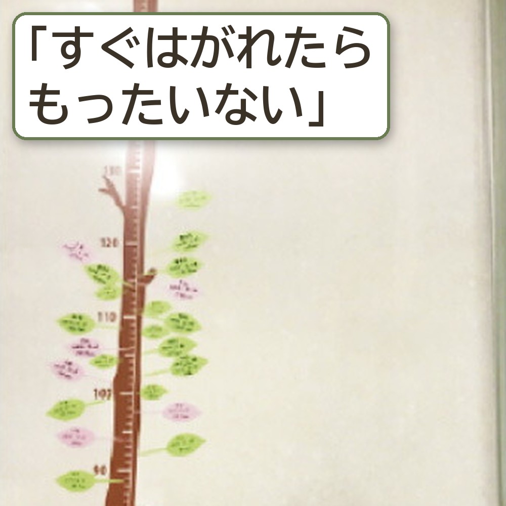 葉を貼った木の身長計ウォールステッカーの写真に「すぐはがれたらもったいない」の言葉を重ねた画像